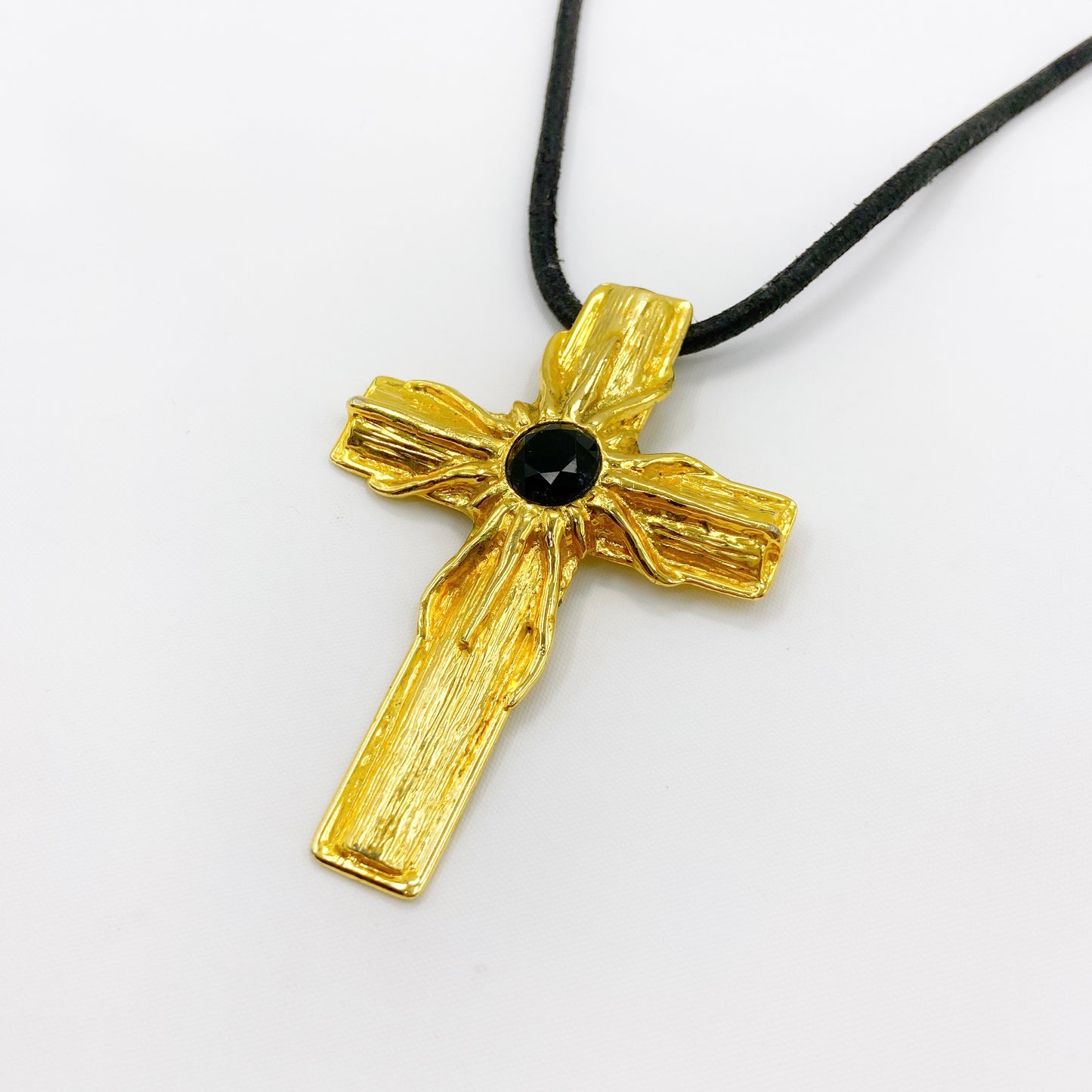 Gianni Versace Sping 1993 Statement Black Gem Giant Gold Cross Necklace with Leather Strap