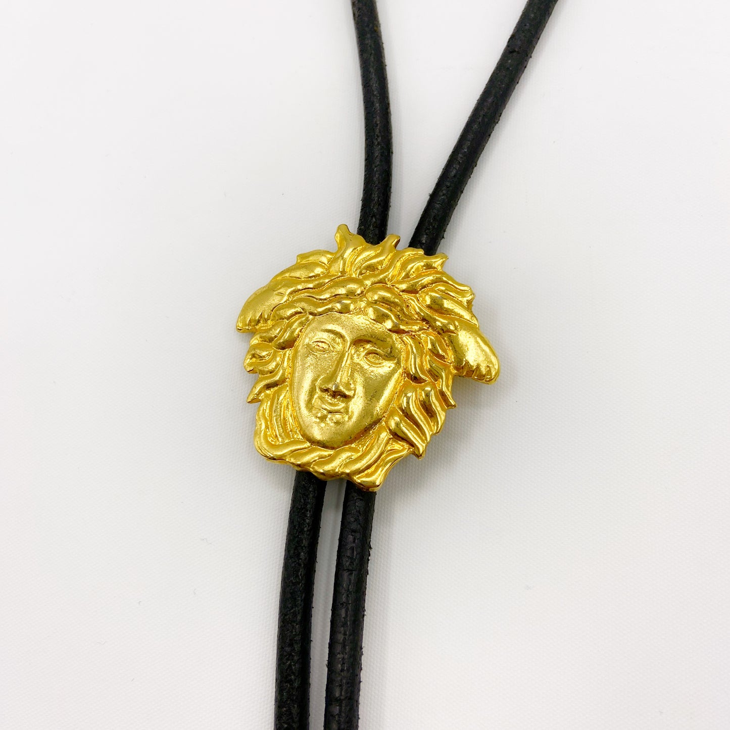 Gianni Versace Spring 1993 Signature Runway Gold Medusa Leather Bolo Tie Necklace