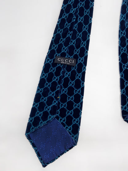 Gucci Fall 1997 Tom Ford Turquoise Monogrammed Velvet Silk Tie