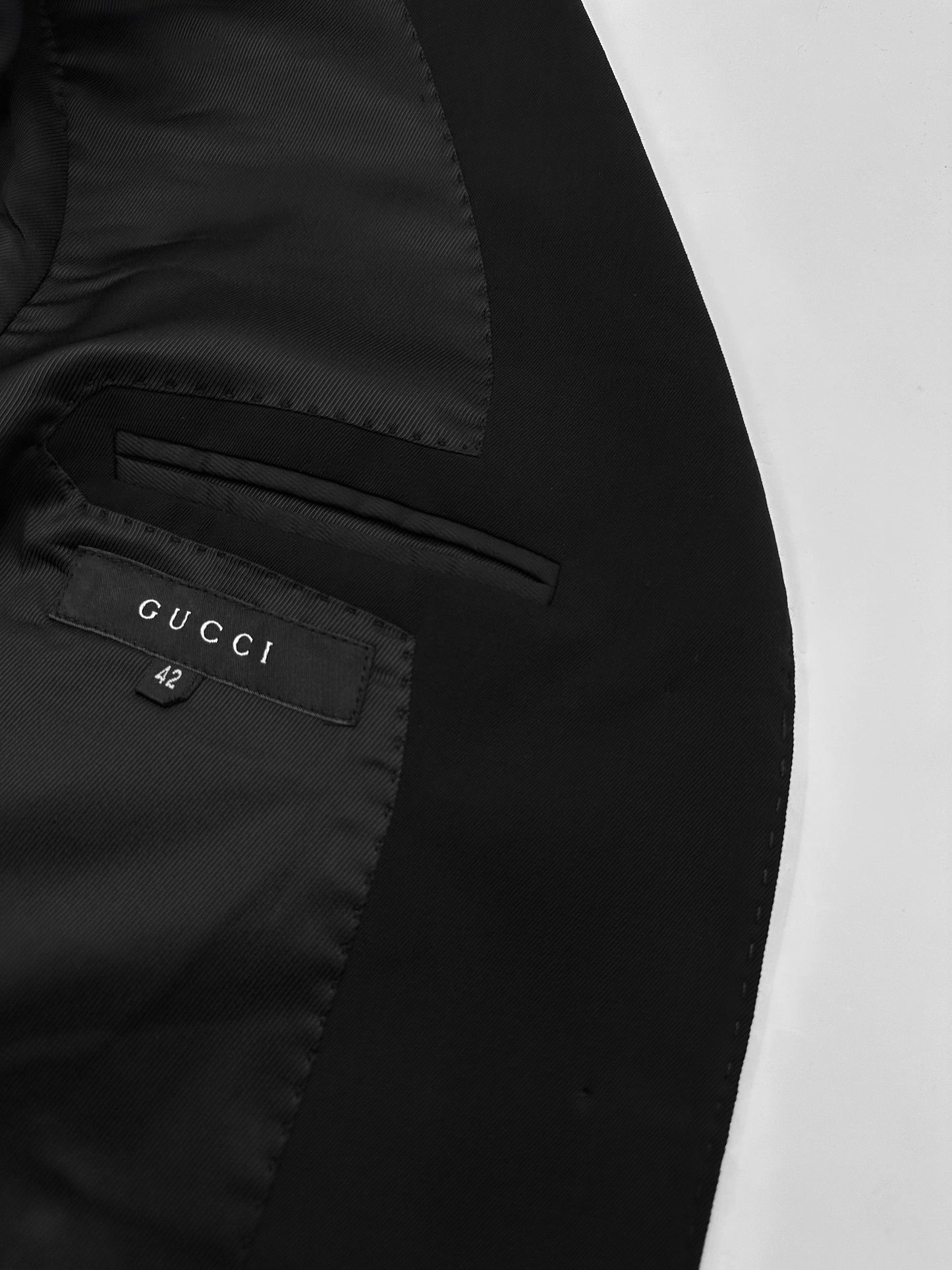 Gucci Fall 2001 Tom Ford 3-Buttoned Black Laine Wool Blazer Jacket Skirt Set 42&38