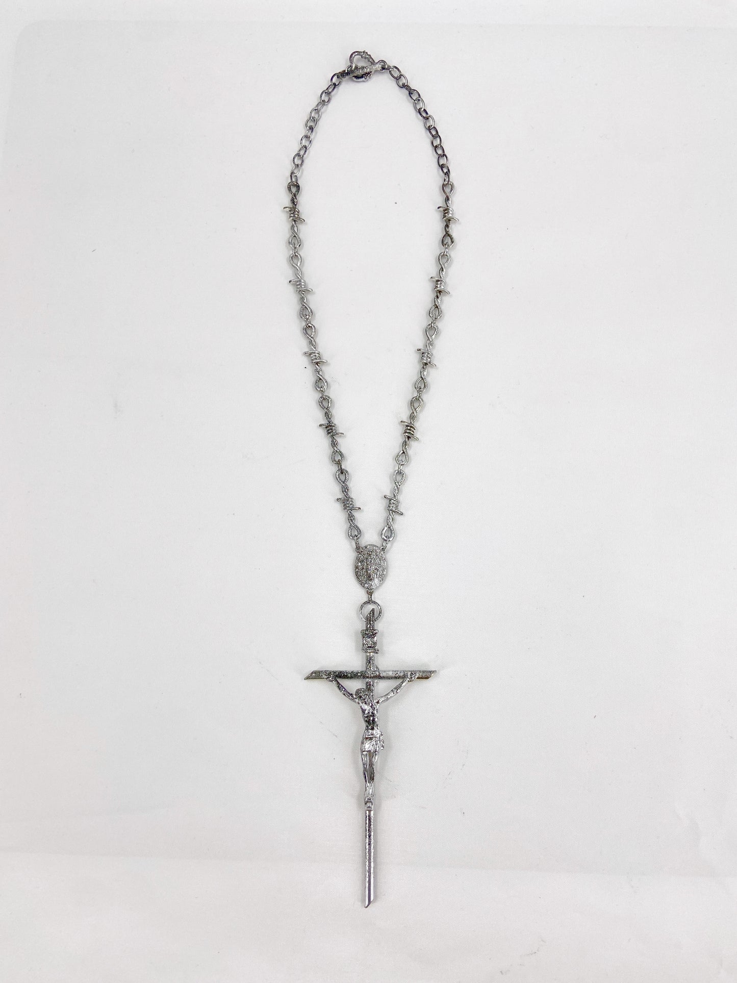 Jean Paul Gaultier 90s Sample Silver Barbed Wire Cross Chain Necklace