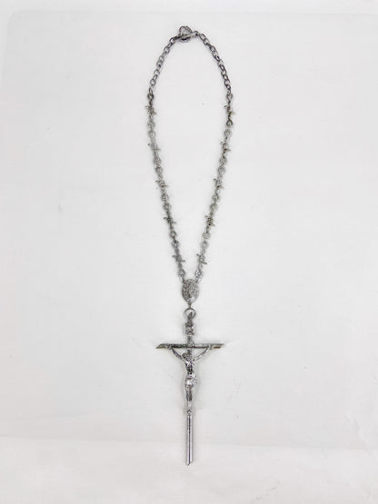 Jean Paul Gaultier 90s Sample Silver Barbed Wire Cross Chain Necklace