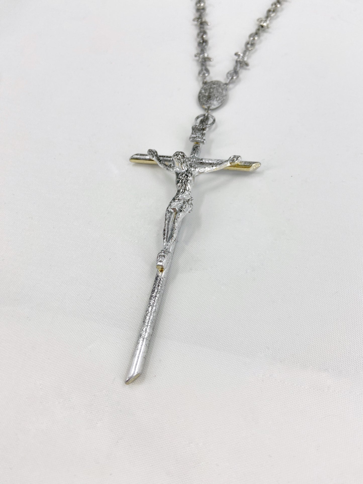 Jean Paul Gaultier 90s Sample Silver Barbed Wire Cross Chain Necklace