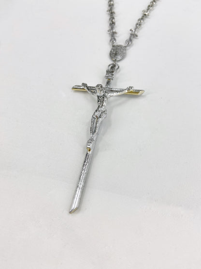 Jean Paul Gaultier 90s Sample Silver Barbed Wire Cross Chain Necklace