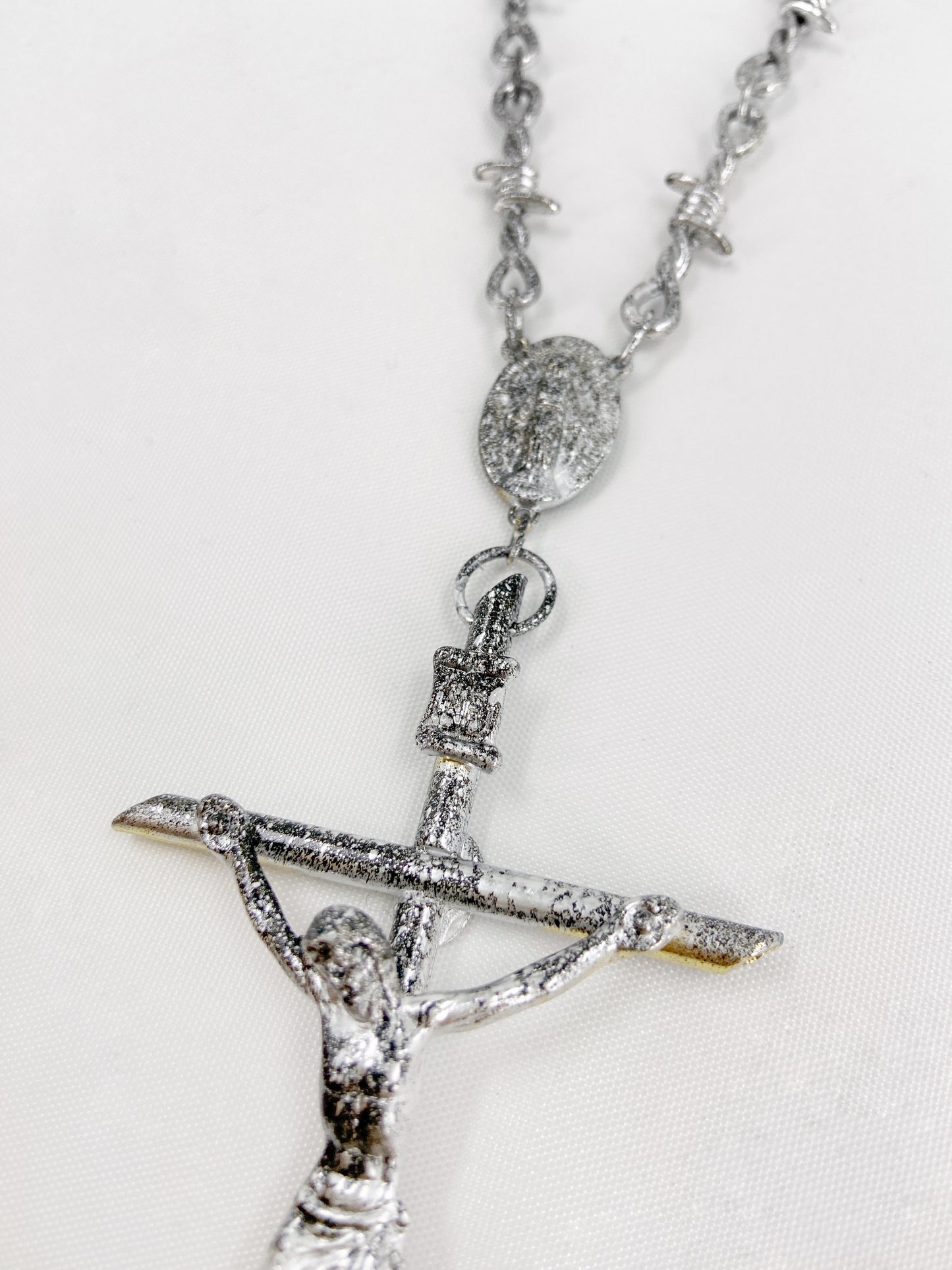 Jean Paul Gaultier 90s Sample Silver Barbed Wire Cross Chain Necklace