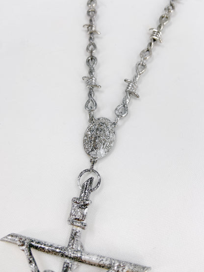 Jean Paul Gaultier 90s Sample Silver Barbed Wire Cross Chain Necklace