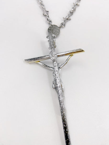 Jean Paul Gaultier 90s Sample Silver Barbed Wire Cross Chain Necklace