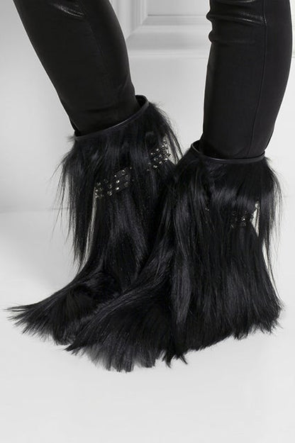 BWNT Saint Laurent Patti Studded Goat Hair Shearling Leather Ankle Boots 36