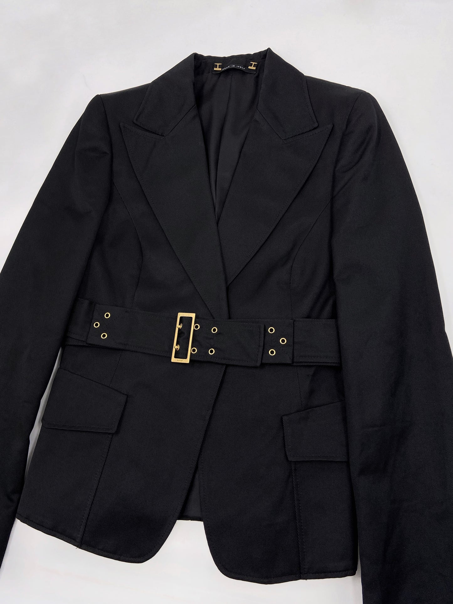 Gucci Fall 2003 Tom Ford Black Belted Bondage Blazer Jacket Skirt Suit 42&40