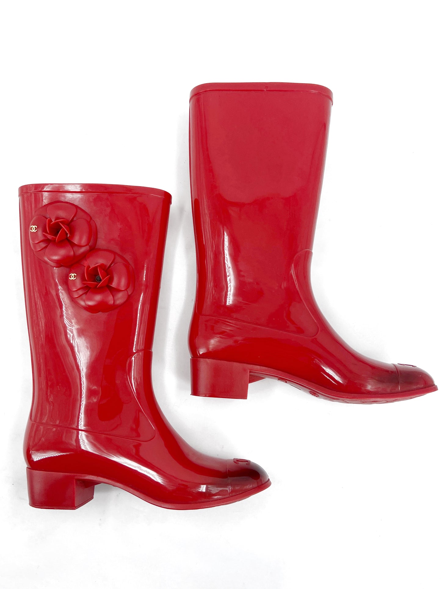 Chanel Karl Lagerfeld Red Camellia Rubber Rainboot