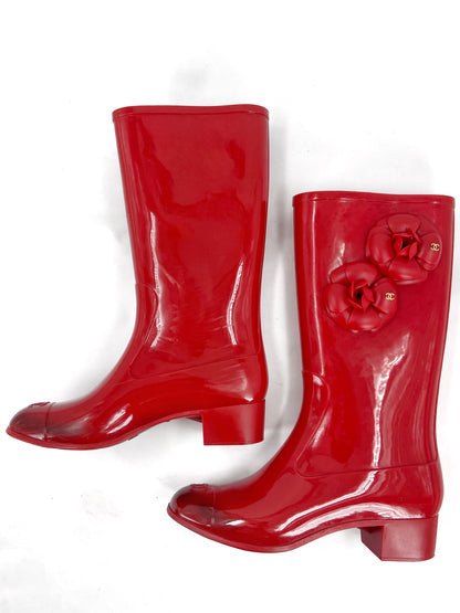 Chanel Karl Lagerfeld Red Camellia Rubber Rainboot