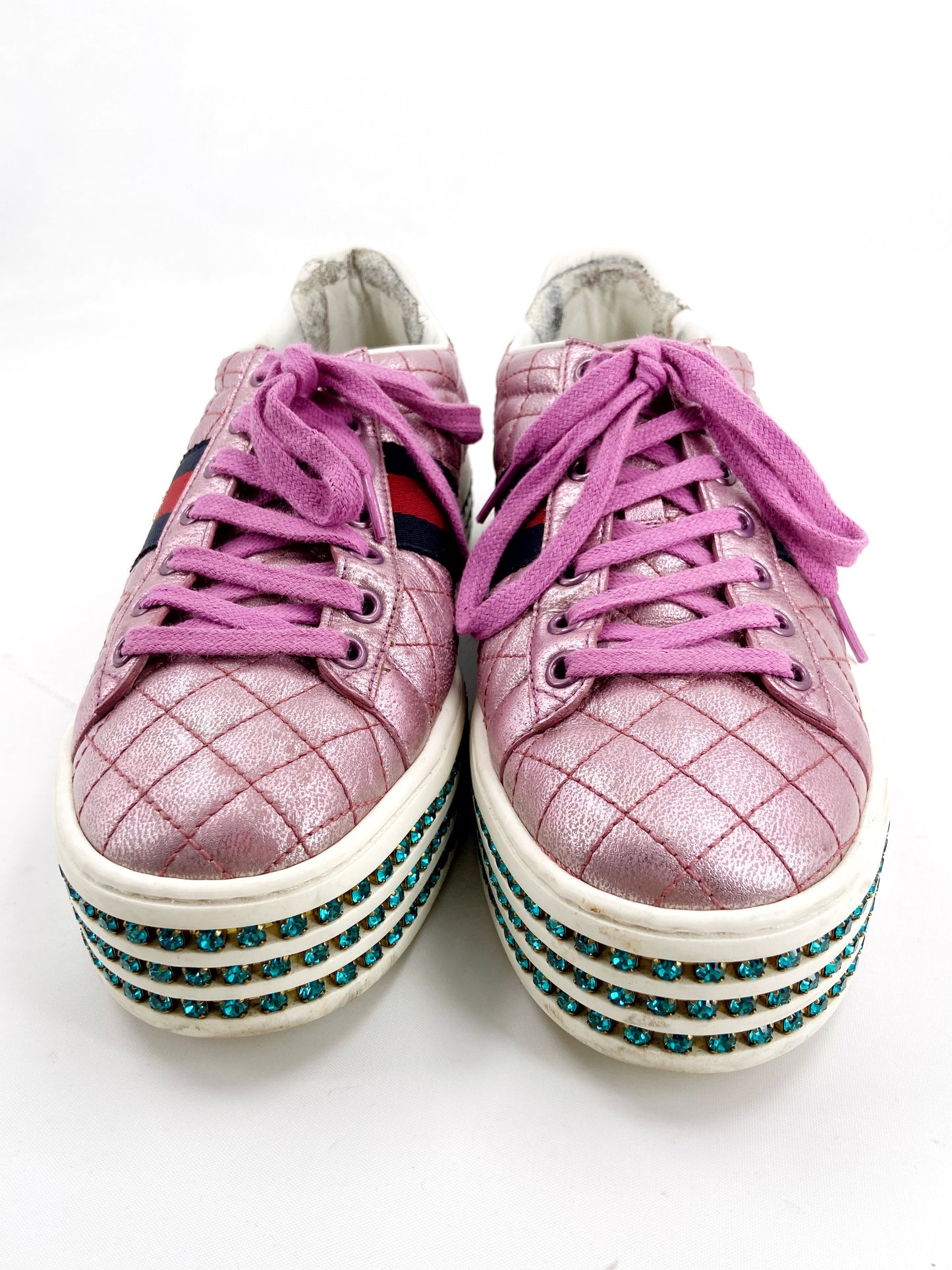 Gucci Swarovski Crystal embellished Pink Platform Ace Sneaker 37.5