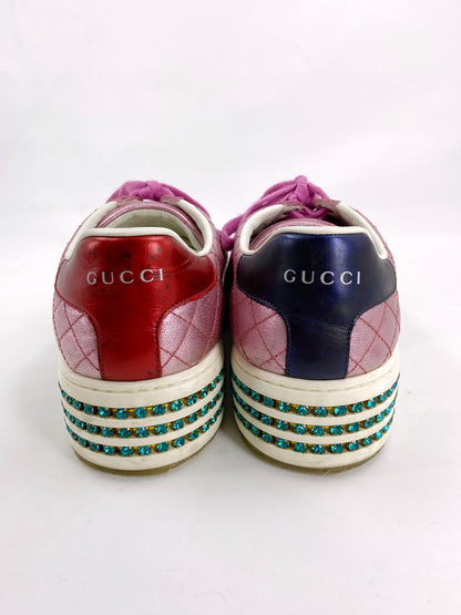 Gucci Swarovski Crystal embellished Pink Platform Ace Sneaker 37.5