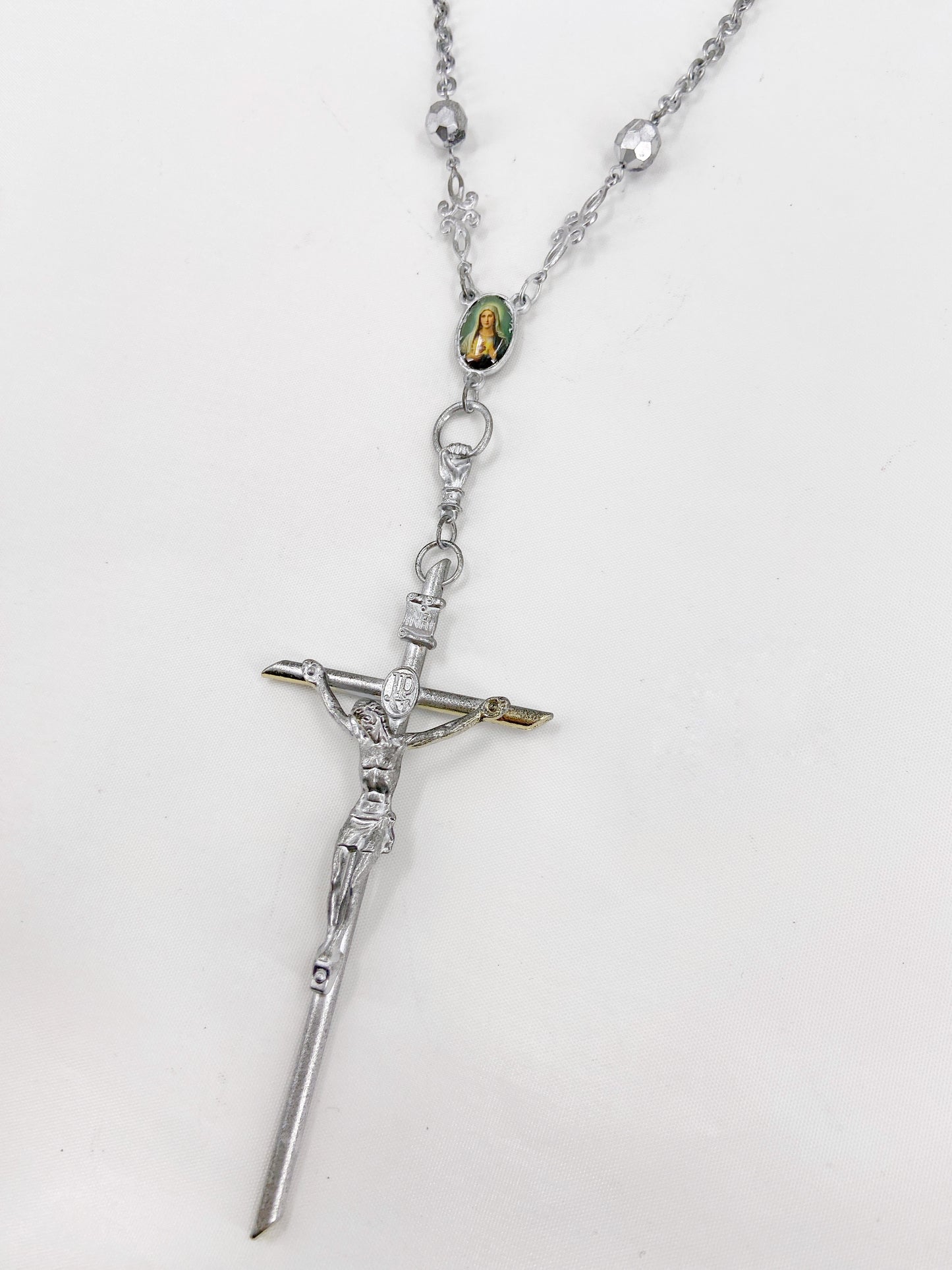 Jean Paul Gaultier 90s Sample Silver Virgin Mary Cross Chain Necklace