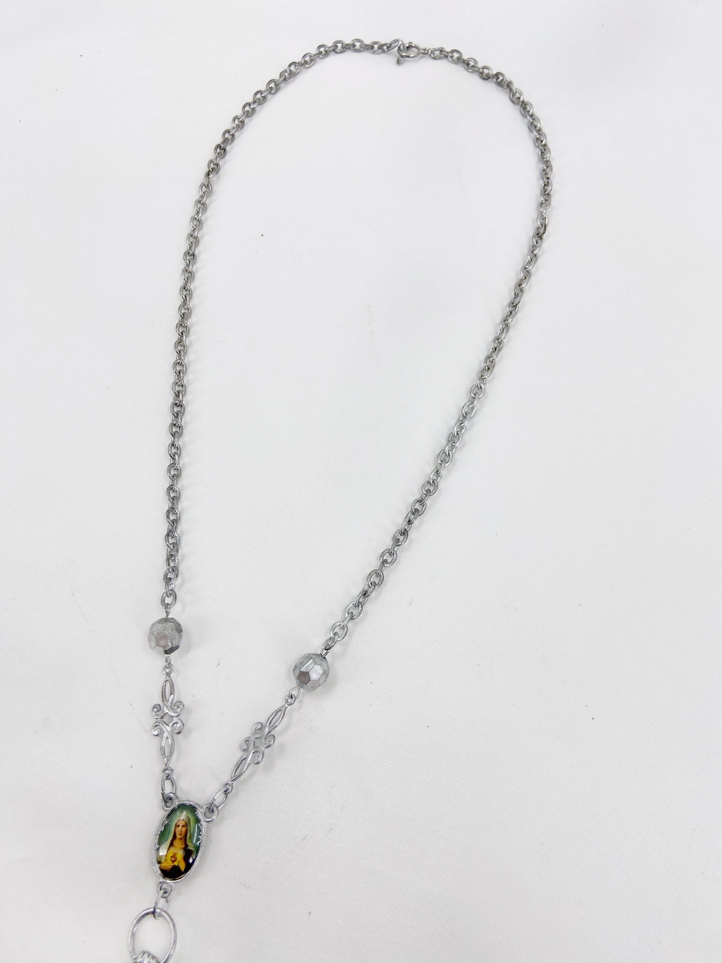 Jean Paul Gaultier 90s Sample Silver Virgin Mary Cross Chain Necklace