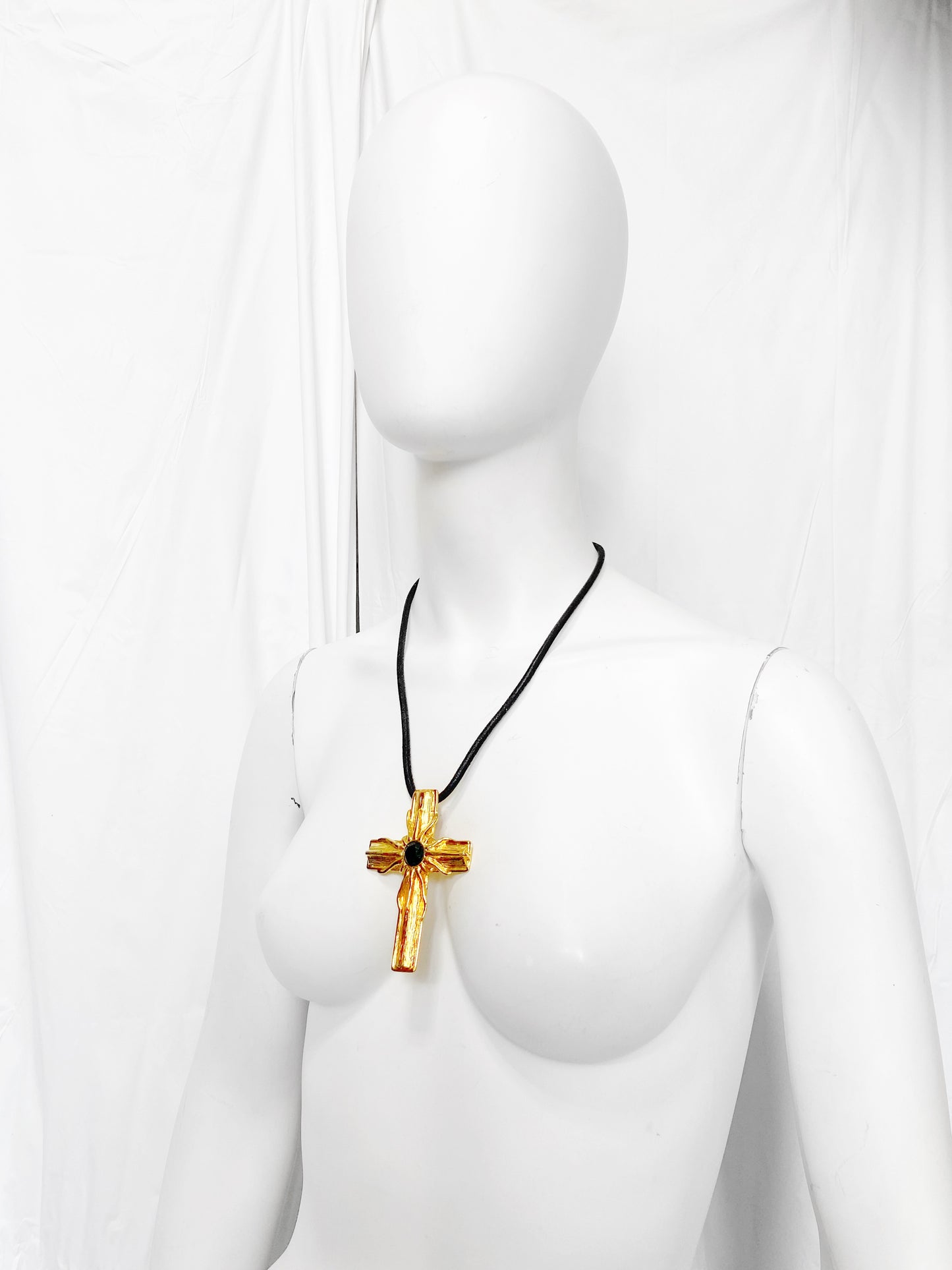 Gianni Versace Sping 1993 Statement Black Gem Giant Gold Cross Necklace with Leather Strap