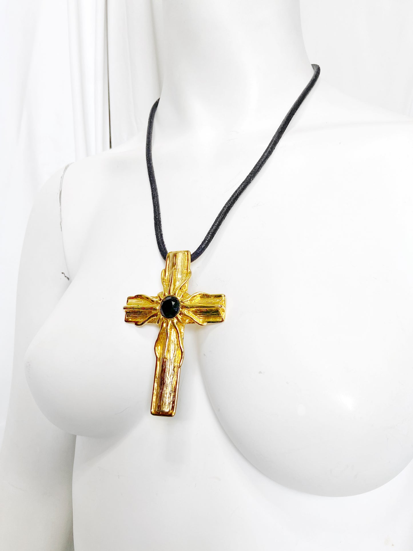 Gianni Versace Sping 1993 Statement Black Gem Giant Gold Cross Necklace with Leather Strap