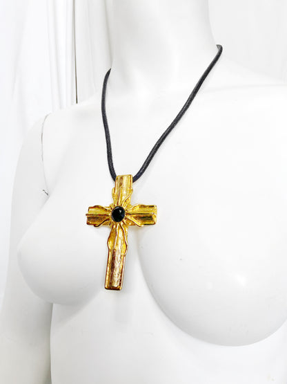 Gianni Versace Sping 1993 Statement Black Gem Giant Gold Cross Necklace with Leather Strap