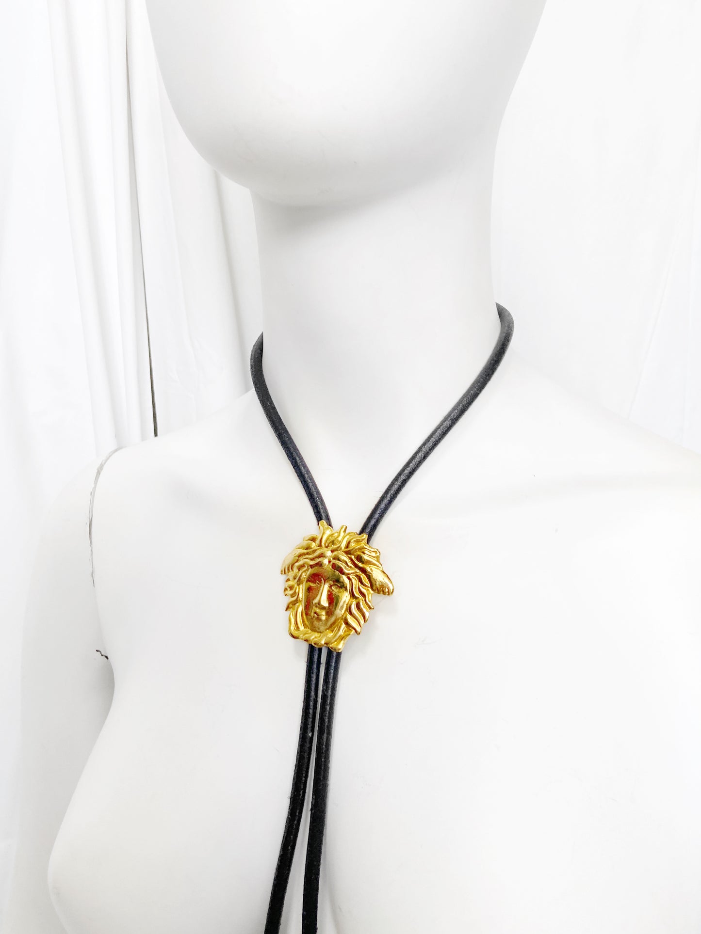 Gianni Versace Spring 1993 Signature Runway Gold Medusa Leather Bolo Tie Necklace