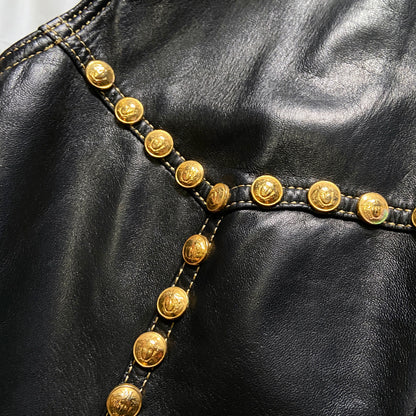 Gianni Versace Fall 1992 Midnight Cowgirl Lambskin Leather Vest with Mongolian Hair Collar and Gold Medusa Embellishments