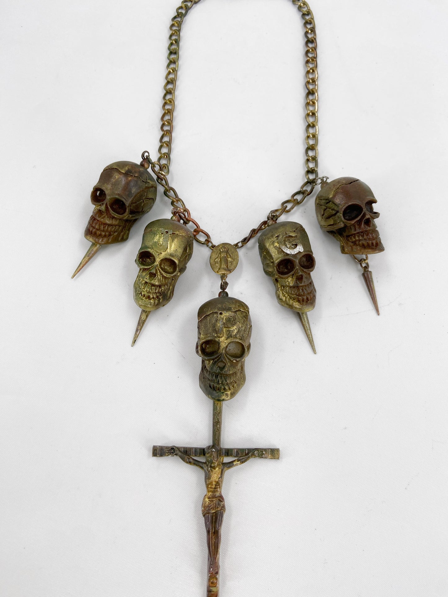 Jean Paul Gaultier 90S Sample 1/1 Gothic JPG Logo 5 Skull Crucifix Cross Chain Necklace