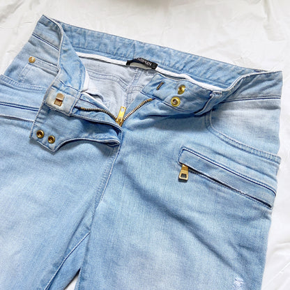 Balmain Spring 2009 Decarnin era distressed light blue gold zipper jeans