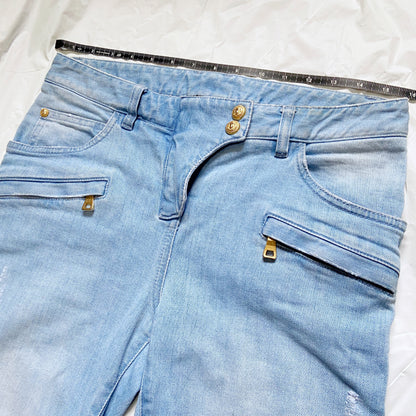 Balmain Spring 2009 Decarnin era distressed light blue gold zipper jeans