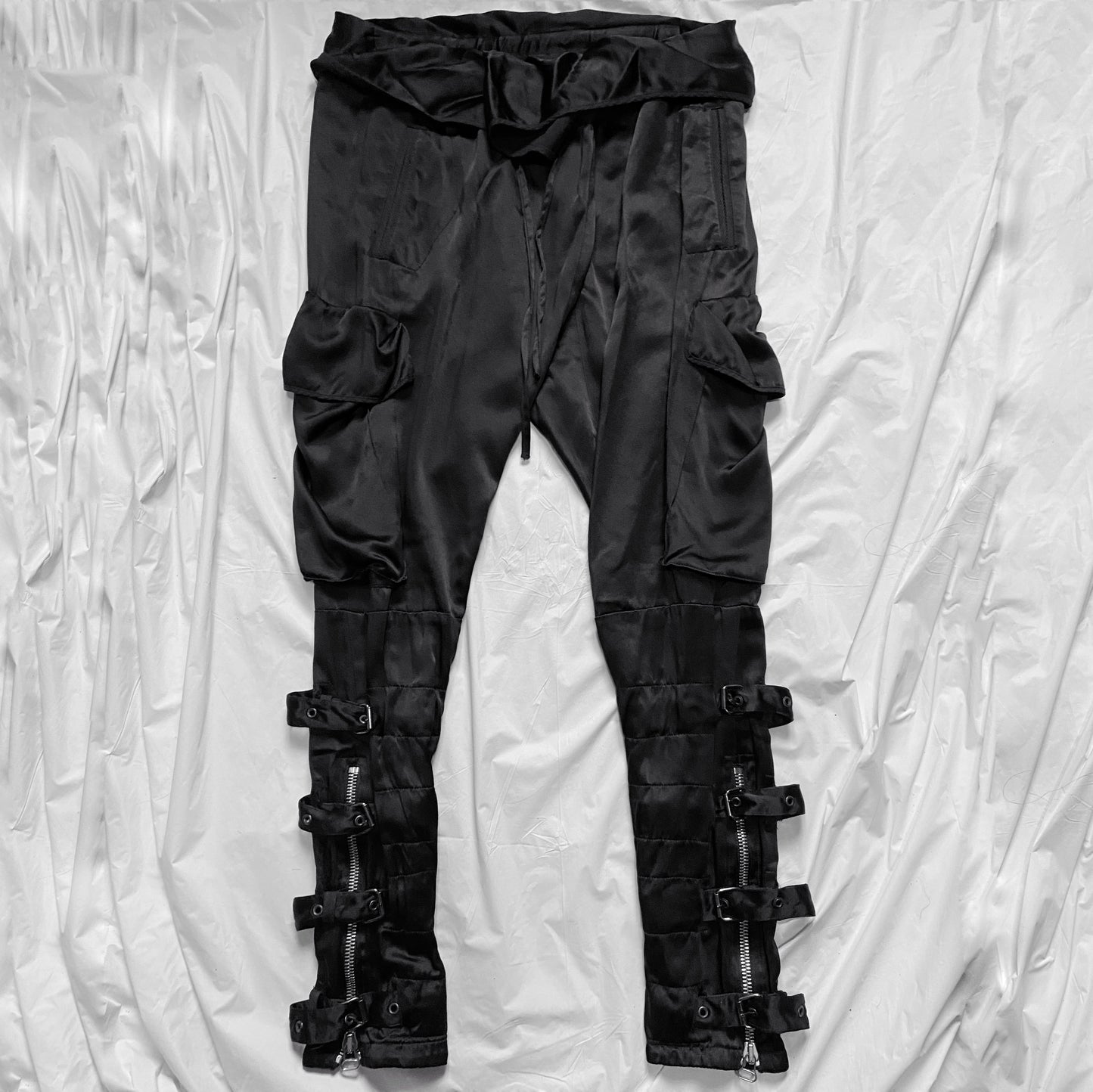 BWNT Balmain Decarnin Era Fall 2009 Black Silk Cargo Bondage Drop Crotch Pants