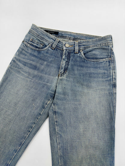 Gucci Fall 2001 Tom Ford “G” Cursive Embroidery Light Blue Washed Jeans 40