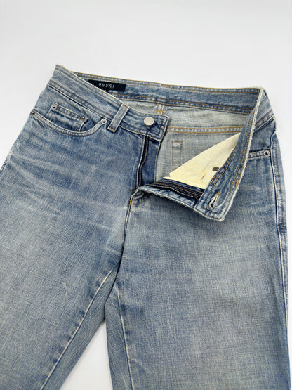 Gucci Fall 2001 Tom Ford “G” Cursive Embroidery Light Blue Washed Jeans 40