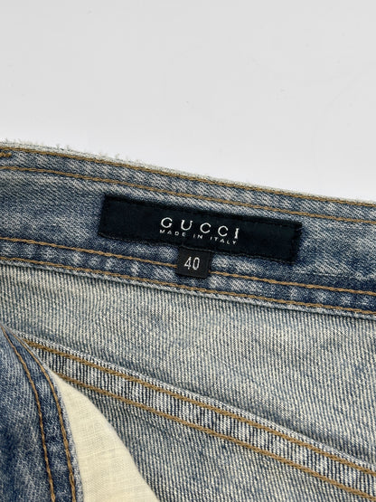 Gucci Fall 2001 Tom Ford “G” Cursive Embroidery Light Blue Washed Jeans 40