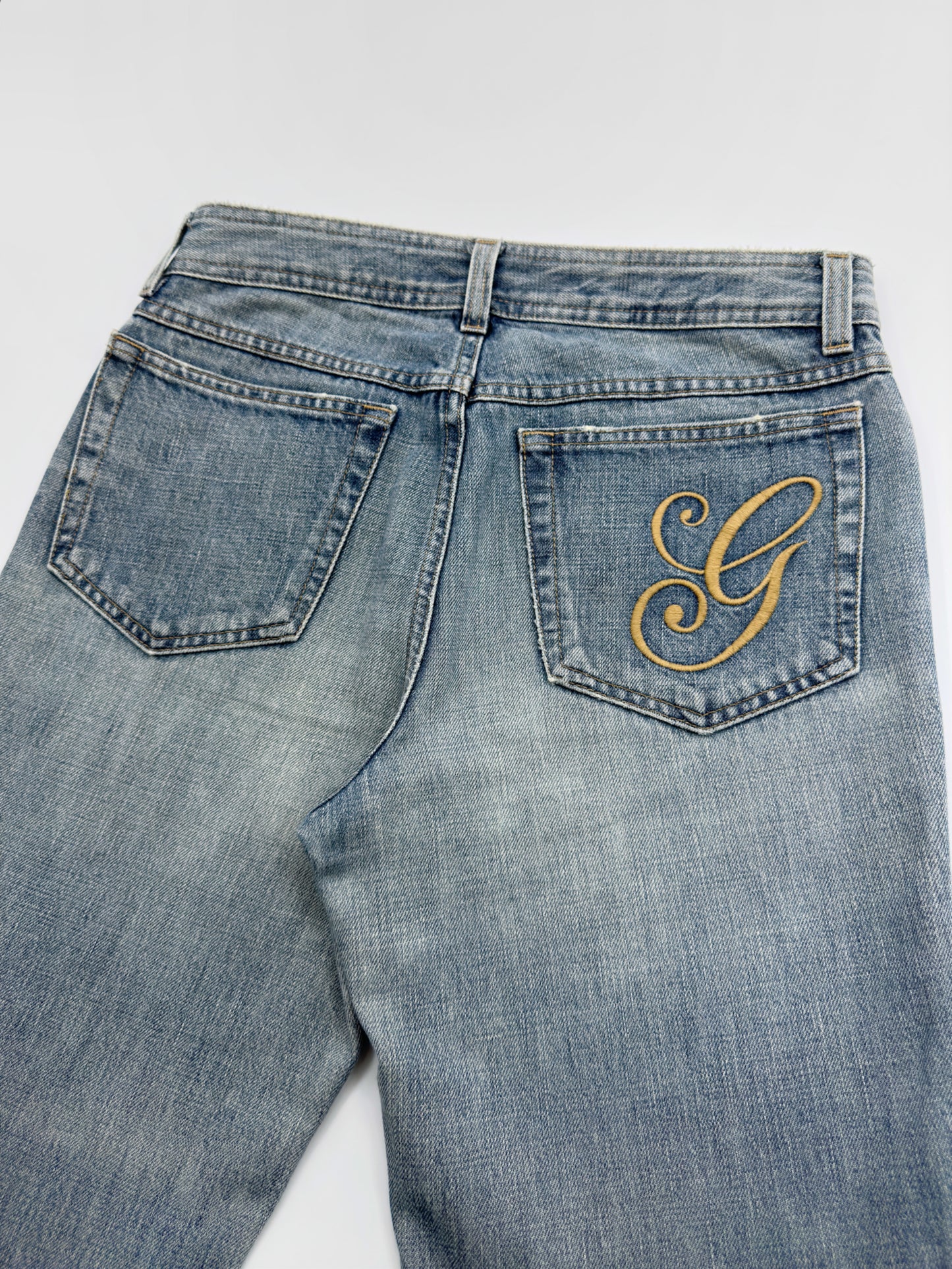 Gucci Fall 2001 Tom Ford “G” Cursive Embroidery Light Blue Washed Jeans 40