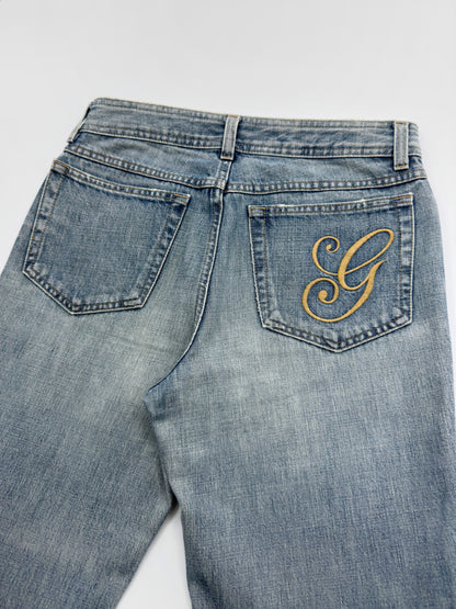 Gucci Fall 2001 Tom Ford “G” Cursive Embroidery Light Blue Washed Jeans 40
