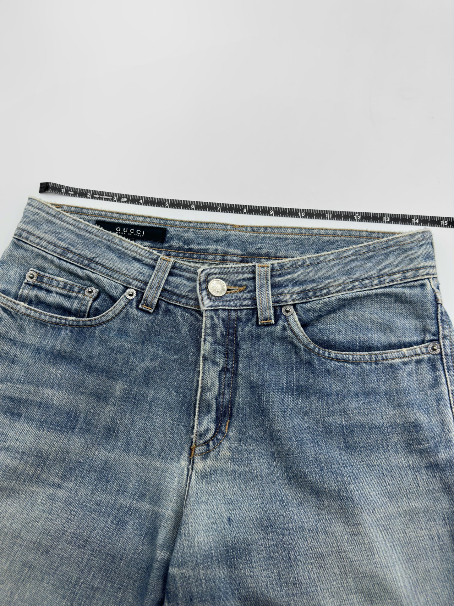 Gucci Fall 2001 Tom Ford “G” Cursive Embroidery Light Blue Washed Jeans 40