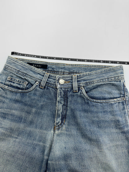 Gucci Fall 2001 Tom Ford “G” Cursive Embroidery Light Blue Washed Jeans 40