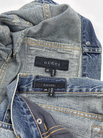 Gucci Spring 2001 Tom Ford Light Blue Denim Cropped Jacket Jeans Set 38