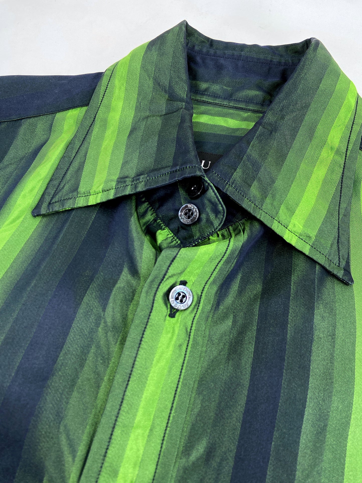 Gucci Fall 1997 Tom Ford Look #20/#18 Green Silk Striped Shirt with Ombré Silk Velvet Tie