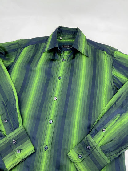 Gucci Fall 1997 Tom Ford Look #20/#18 Green Silk Striped Shirt with Ombré Silk Velvet Tie