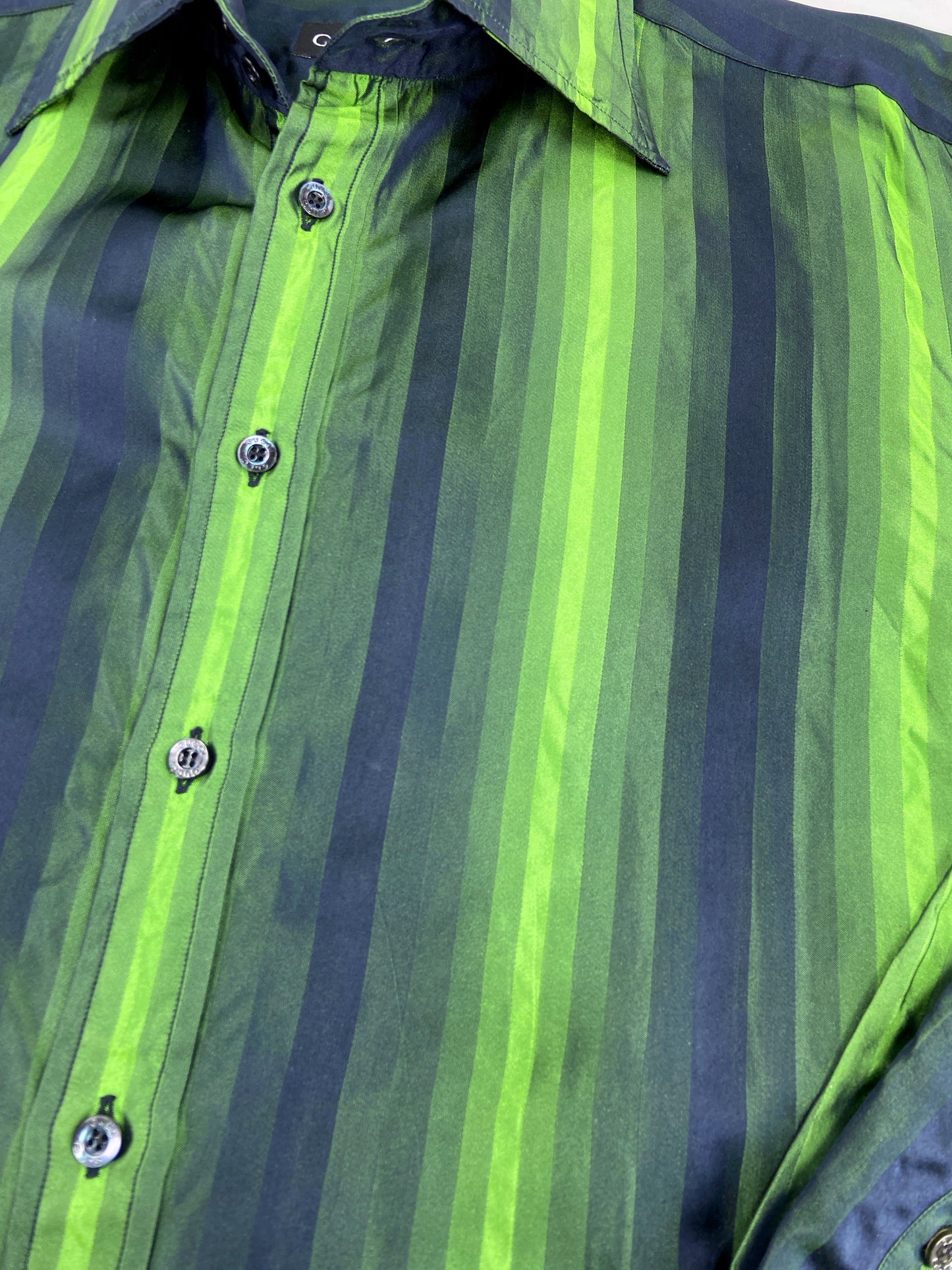 Gucci Fall 1997 Tom Ford Look #20/#18 Green Silk Striped Shirt with Ombré Silk Velvet Tie