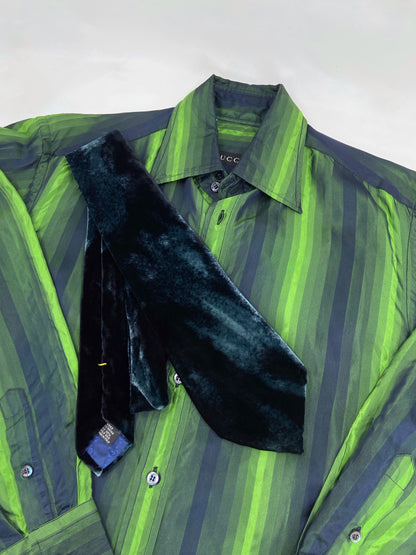 Gucci Fall 1997 Tom Ford Look #20/#18 Green Silk Striped Shirt with Ombré Silk Velvet Tie