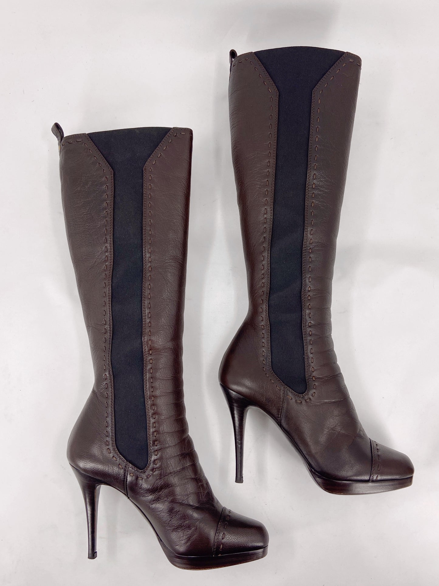 Yves Saint Laurent Rive Gauche Tom Ford Shearling Brown Heeled Stiletto Long Boots 37.5