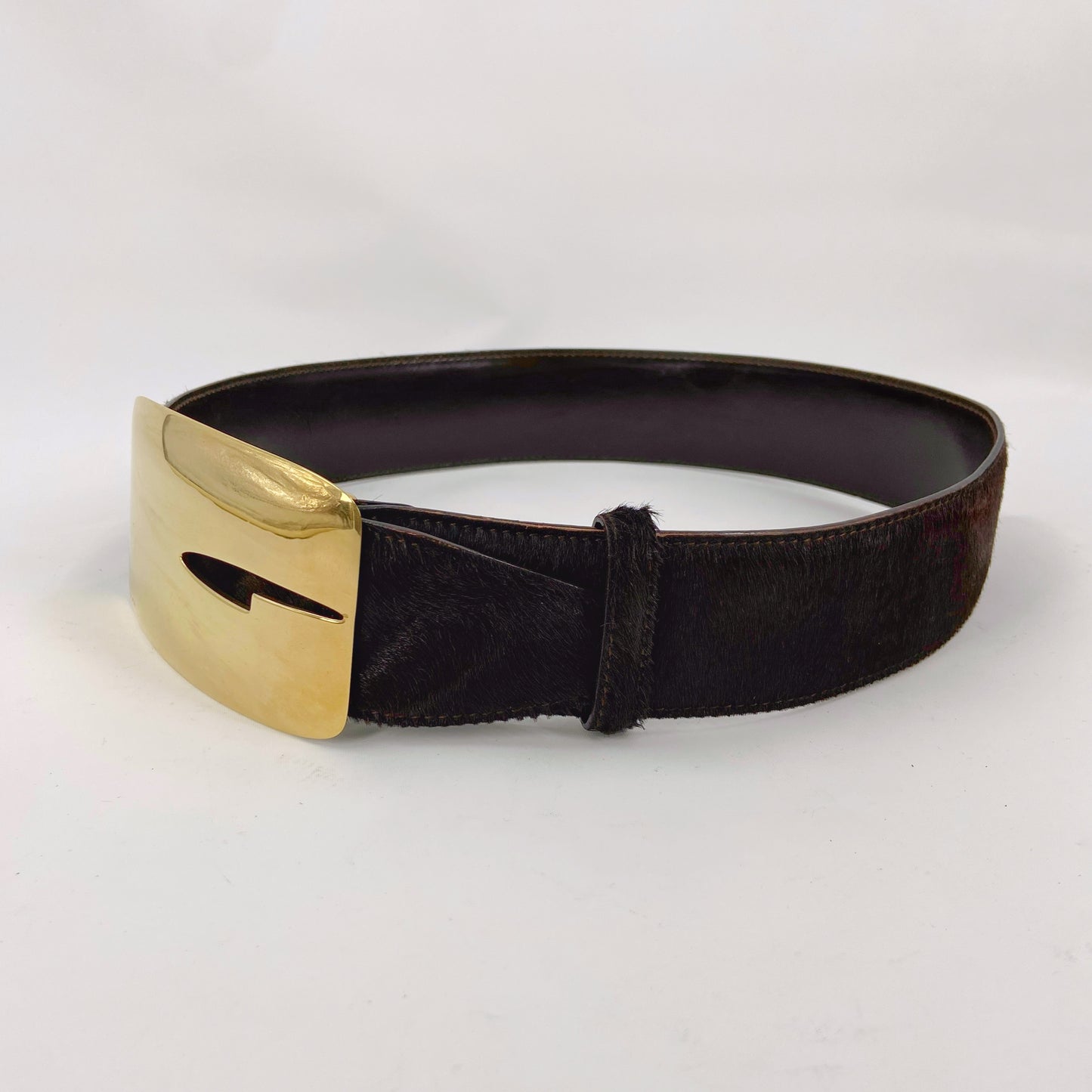 Gucci Fall 1996 Tom Ford Iconic Gold Logo Brown Pony Hair Belt 30