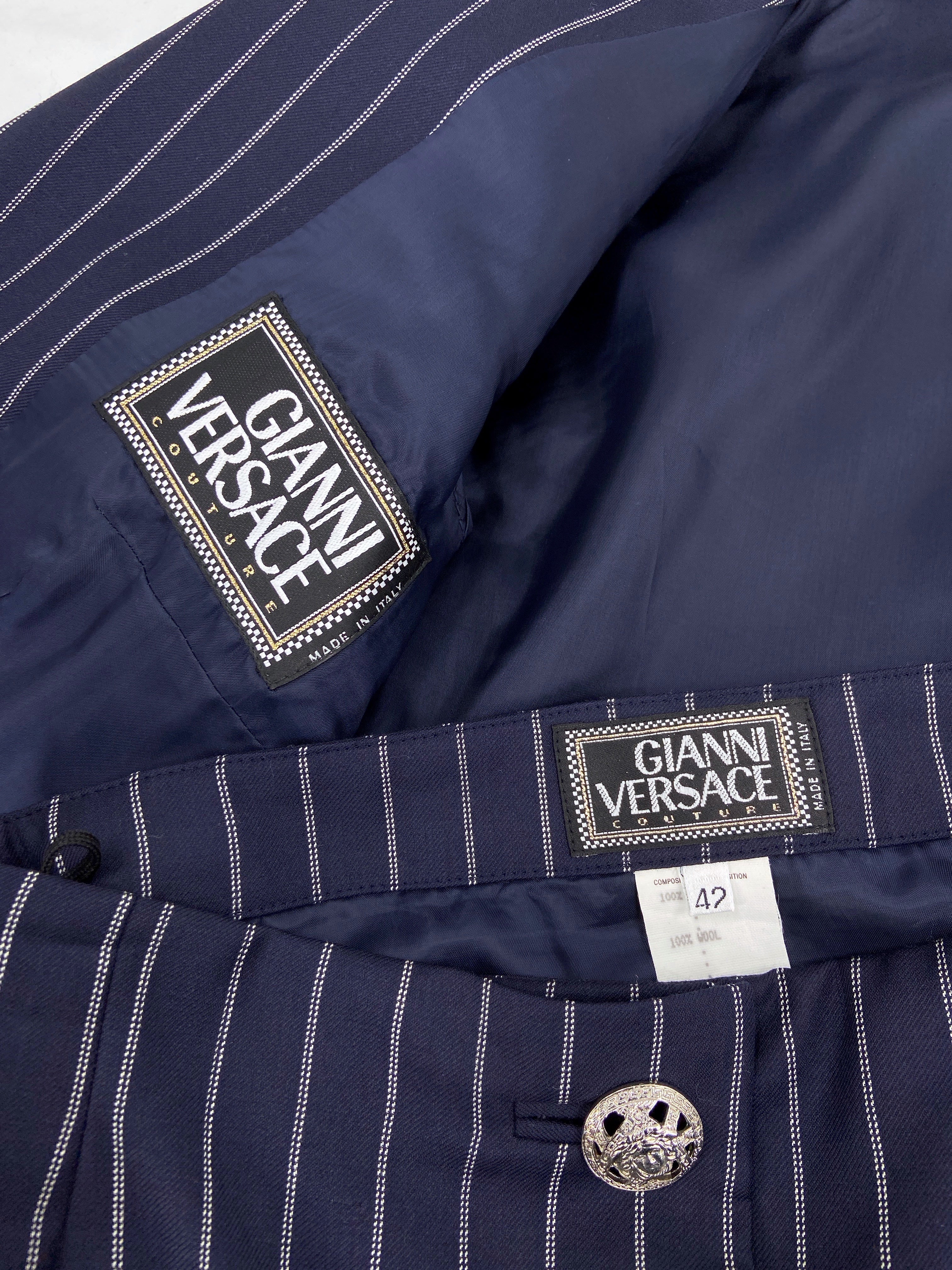 Gianni Versace Spring 1995 Navy Double Pinstriped Wrap Skirt