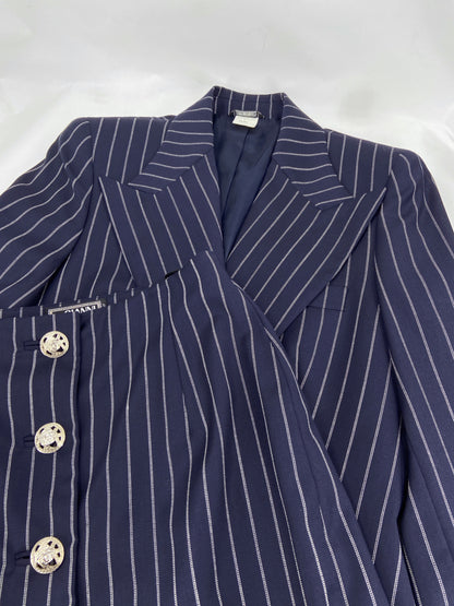 Gianni Versace Spring 1995 Navy Double Pinstriped Wrap Skirt Suit 42