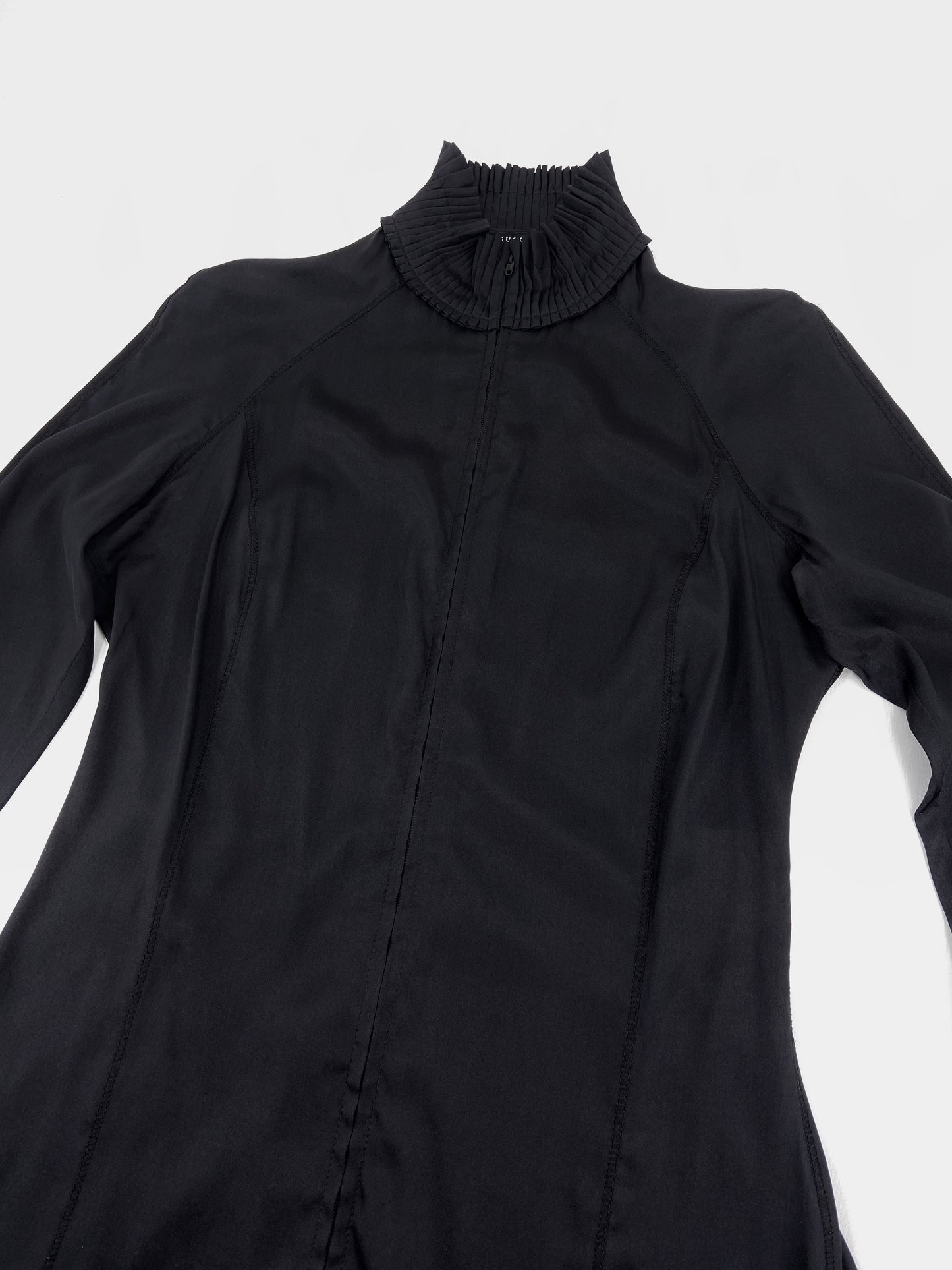 Gucci Fall 2004 Tom Ford Minimal Black Pleated Collar Silk Top Jacket 42