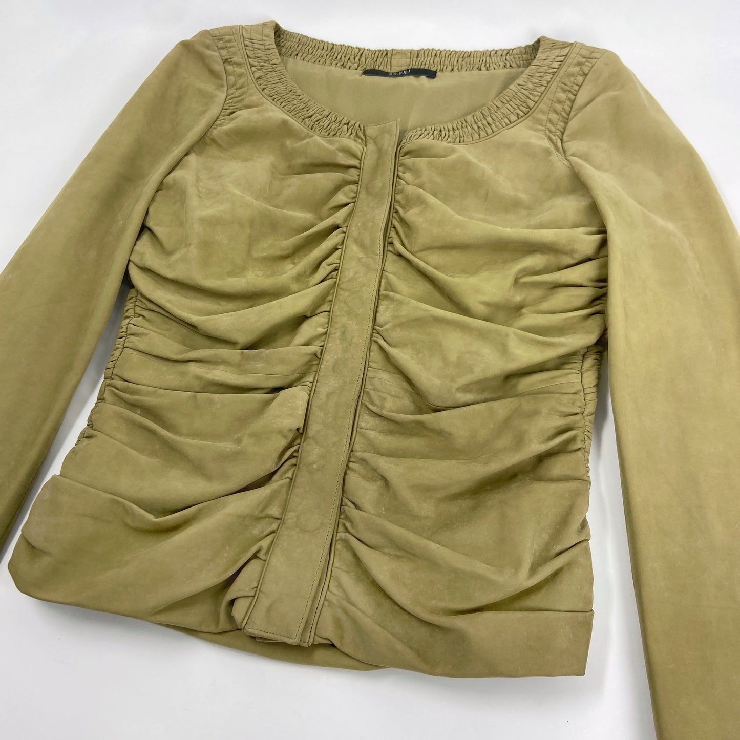 Gucci Spring 2003 Tom Ford Ruched Green Suede Leather Top Jacket