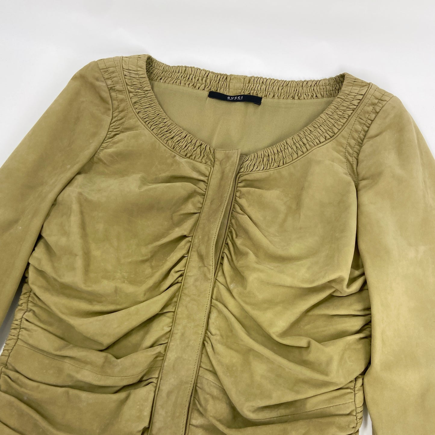 Gucci Spring 2003 Tom Ford Ruched Green Suede Leather Top Jacket