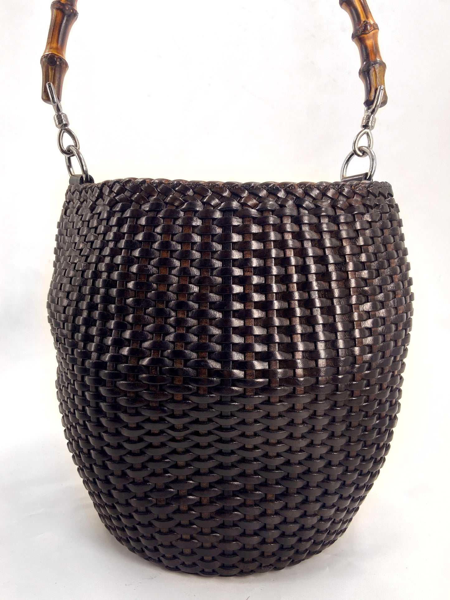 Gucci Spring 1996 Tom Ford Jane Birkin Brown Weaved Leather Bamboo Handle Basket Bucket Bag