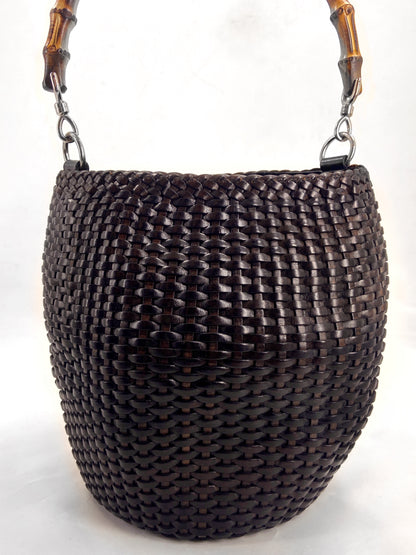 Gucci Spring 1996 Tom Ford Jane Birkin Brown Weaved Leather Bamboo Handle Basket Bucket Bag