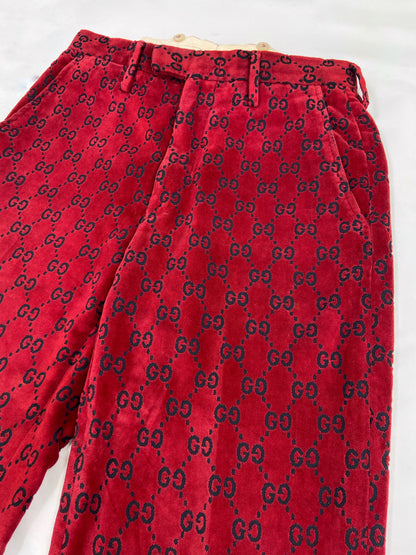 Gucci Fall 1997 Tom Ford Men’s Red Monogram Velvet Trousers Pants 46